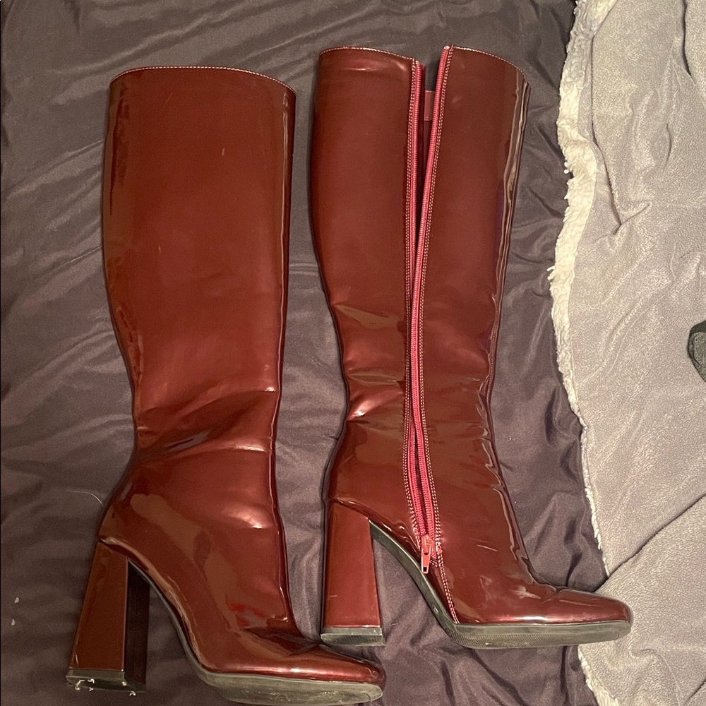 SHEIN Glossy Maroon Heeled Boots